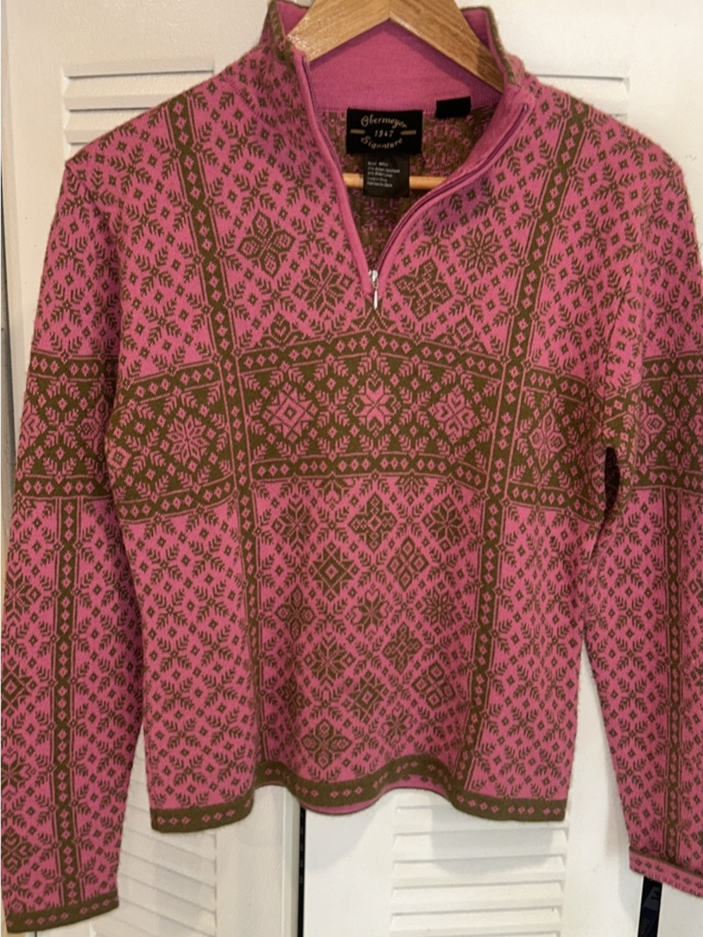 Obermeyer Pink and Olive Fair Isle Turtleneck Sweater